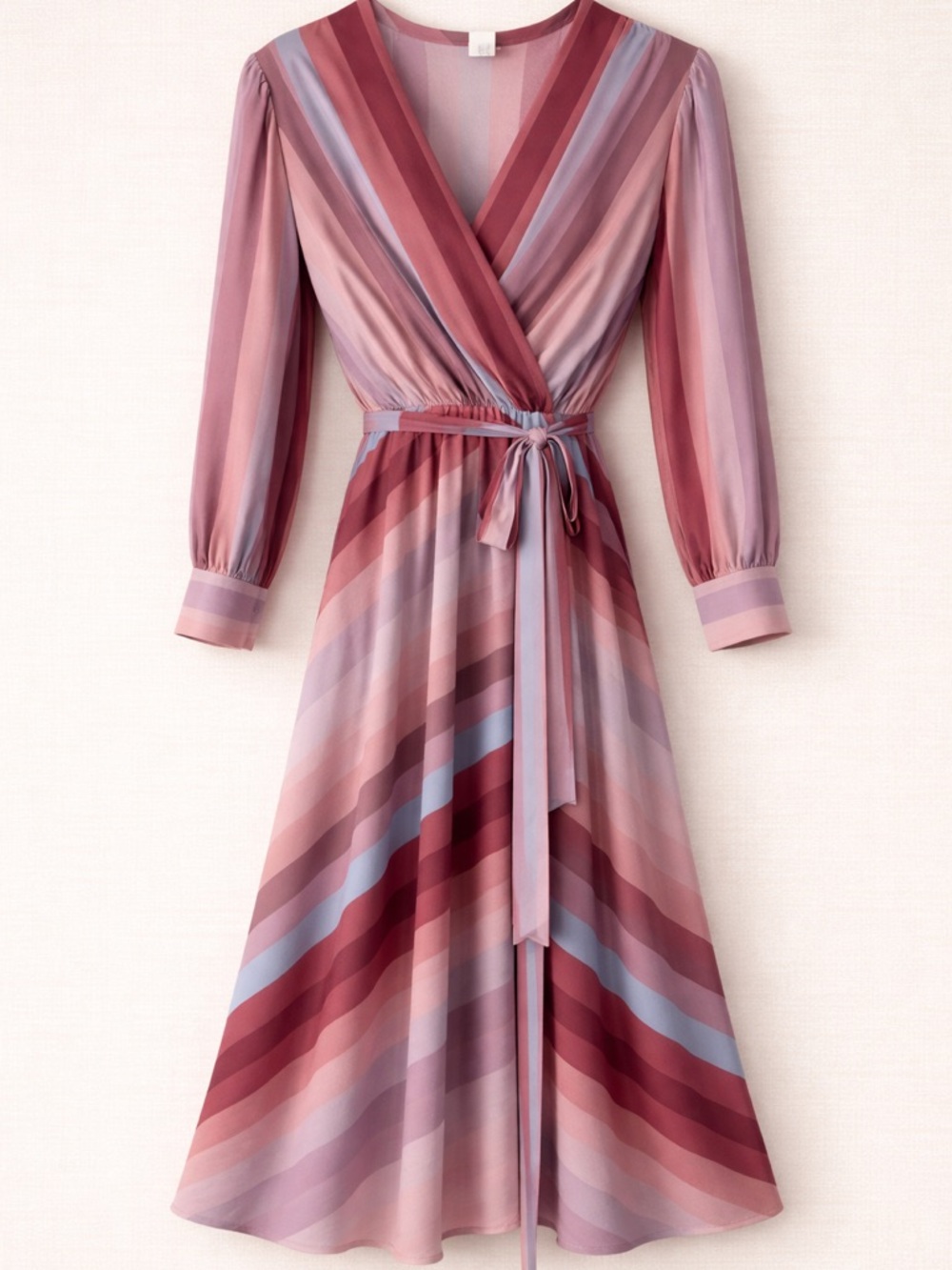 Striped Mauve Wrap Midi Dress with Tie Waist